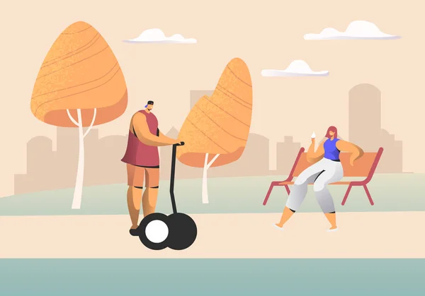 夏天的时候, 年轻人在城市公园放松, 男人骑气垫船, 女人坐在板凳上。周末有空闲时间或休闲的居民, 休息的性格。动画片平面向量例证 — 图库矢量图片