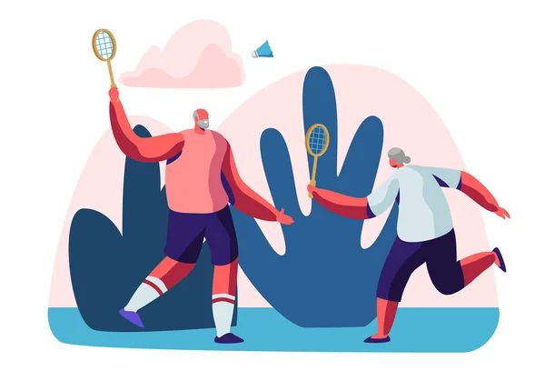 Ein paar gut gelaunte Rentner in Sportkleidung spielen draußen Badminton. Senioren gesunden Lebensstil und Sportleben. Ältere Männer verbringen Zeit miteinander im Park. Cartoon flache Vektorillustration — Stockvektor