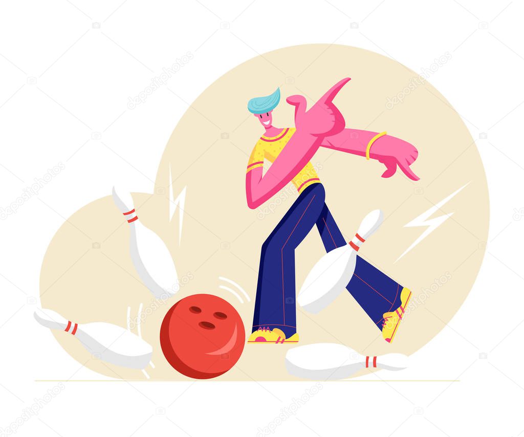 Young Happy Male Character Wearing Casual Clothing Throw Ball Hitting Perfect Strike in Bowling Alley. Professional Player at Sport Game Competition, Active Lifestyle. Cartoon Flat Vector Illustration