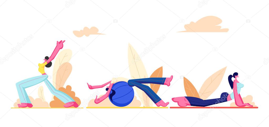 Workout Girl Set. Young Athletic Women Wearing Sport Clothing Doing Gymnastic, Fitness with Fitball and Yoga Exercises Outdoors. People Healthy Lifestyle Activity. Cartoon Flat Vector Illustration
