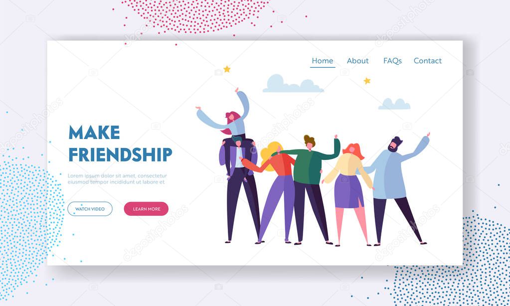 Group of Young Cheerful People Rejoice Waving Hands and Embracing, Friendship Concept, Men and Women Spend Time Together, Warm Human Relations Landing Page for Website Cartoon Flat Vector Illustration