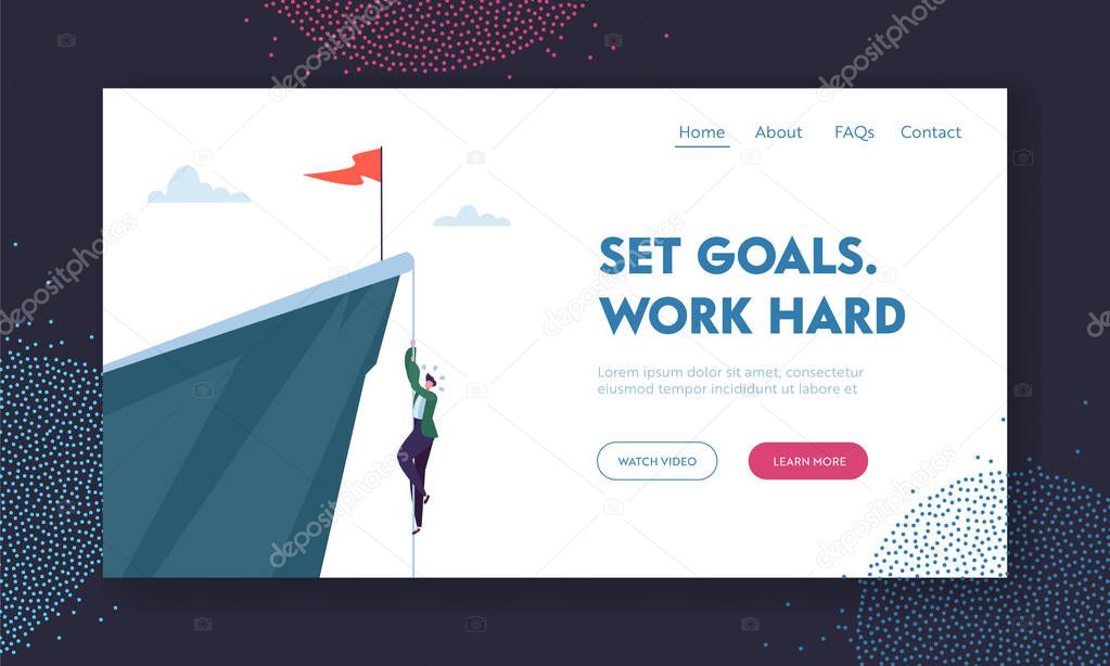 Man Climbing on Mountain with Red Flag on Top. Business Character Trying to get Success. Goal Achievement, Leadership, Motivation Concept, Hardworking Landing Page Cartoon Flat Vector Illustration