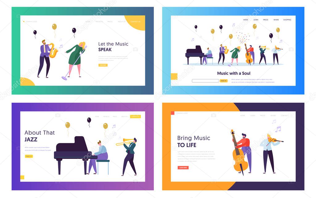 Group of Young People Performing Concert on Stage with Musical Instruments. Artists Playing and Singing to Microphone. Landing Page Templates Set, Show in Music Hall. Cartoon Flat Vector Illustration