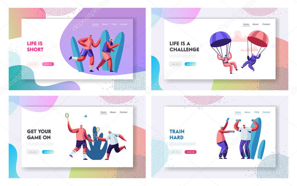 Retired People Sport Activity Set. Extreme Skydiving Characters, Joggers, Friends Playing Badminton, Training with Dumbbells. Website Landing Page, Web Page. Cartoon Flat Vector Illustration, Banner