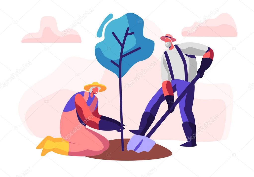 Couple of Male and Female Pensioners Planting Tree. Aged Man Digging Soil with Shovel, Woman Hold Plant. Old People Gardening Hobby, Senior Gardeners Working Outdoors. Cartoon Flat Vector Illustration