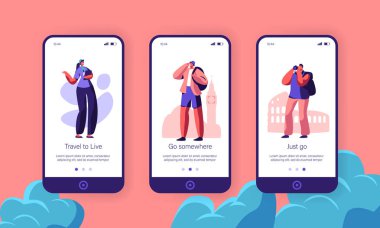 Erkek ve kadın Insanlar Web sitesi veya Web sayfası için konsept seyahat. Erkek ve kadın turistler backpacks sipariş seyahat Tur gezisi mobil uygulama sayfası yerleşik ekran seti, karikatür düz vektör Illüstrasyon