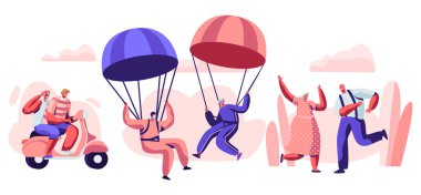 Yaşlı Insanlar aktif Lifestyle. Mutlu yaşlı emekli karakterler aşırı spor yapıyor, paraşüt ile skydiving, motosiklet sürme, dans. Yaşlı erkekler ve kadınlar Ilişkileri. Karikatür daire vektör Illüstrasyon