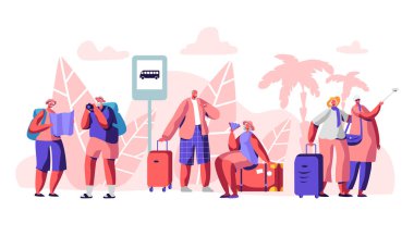 Olgun turist karakterleri grup palmiye ağaçları ile tropikal ülkede otobüs terminali stand. Harita, fotoğraf kamerası, Bagaj konuşma, selfie yapma ile Insanlar seyahat. Karikatür daire vektör Illüstrasyon