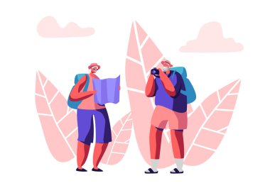 Kıdemli turist karakterleri harita Izlerken ve seyahat resim yapma, fotoğraf kamera ve Bagaj arama sağ yol yabancı ülke, yaşlı çift gezisi ile Insanlar seyahat. Karikatür daire vektör Illüstrasyon