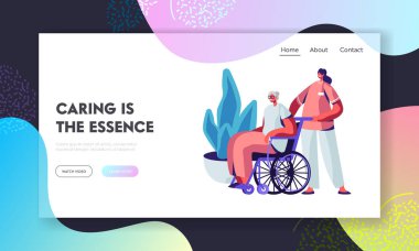 Genç hemşire ya da sosyal Işçi Bakımı hasta kıdemli kadın tekerlekli sandalye, yardım eski Engelli Insanlar hemşirelik ev, sağlık. İnternet sitesi açılış sayfası, Web sayfası. Karikatür düz vektör Illustration, banner