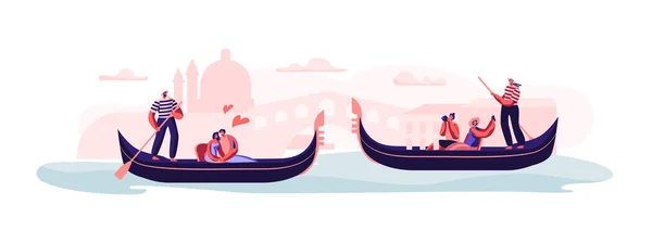 Love in Venice. Happy Loving Couples Sitting in Gondolas with Gondoliers Floating at Canal, Hugging, Making Photo of Sightseeing Taking Trip or Romantic Tour in Italy. Cartoon Flat Vector Illustration — Stock Vector