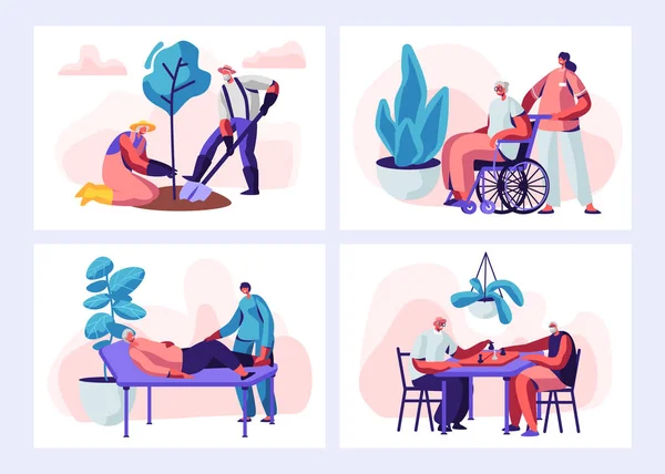 Set van senior people activiteit en lifestyle. Leeftijd personages tuinieren hobby, oude vrouw op medische procedure, mannen spelen Schaken. Gepensioneerden in verpleeghuis. Cartoon platte vector illustratie — Stockvector