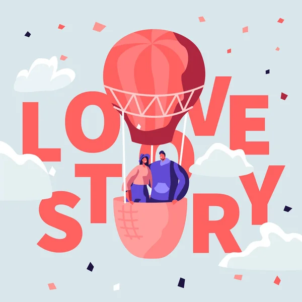 Plakát s milostným Povídkem s láskou šťastné dvojice mladých mužů a žen v koši leteckého balónku létání v oblačné obloze. Romantický svatební výlet, Valentýnské pojetí. Kreslený plochý vektor – ilustrace — Stockový vektor