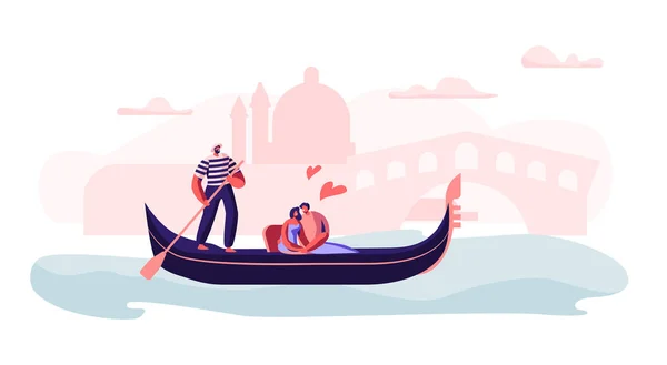 Happy Loving Coppia seduta in gondola con gondoliere che galleggia al Canal Hugging with Hearts Around, Love in Venice. Man and Woman Have Trip o Tour romantico in Italia. Illustrazione del vettore piatto del fumetto — Vettoriale Stock