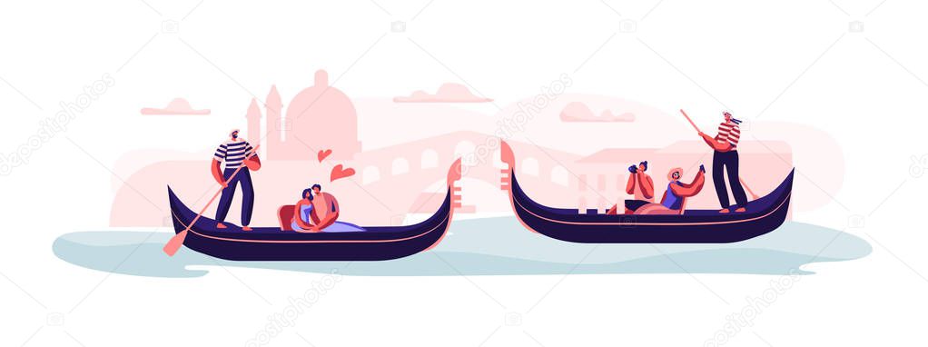 Love in Venice. Happy Loving Couples Sitting in Gondolas with Gondoliers Floating at Canal, Hugging, Making Photo of Sightseeing Taking Trip or Romantic Tour in Italy. Cartoon Flat Vector Illustration