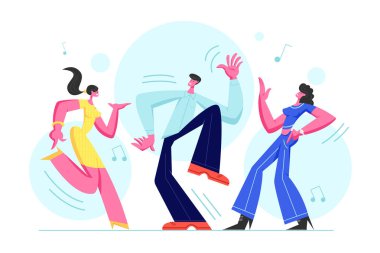 Disko Partisinde Dans Eden Gençler. Moda Giyinen Erkek ve Kadınlar Tatili Kutluyor, Birlikte Zaman Geçiriyorlar Müzik Ritmine Geçiriyorlar Mutlu Boş Zamanlar ve Boş Zamanlar Çizgi Filmlerinde Flat Vector Illustration