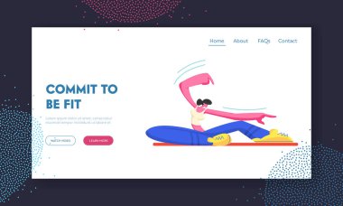 Spor 'da Genç Kadın Eğitimi ve Esneme Vücudu Yerlerde Eller Yukarı, Kadın Karakteri Spor ve Sağlıklı Yaşam İnternet Sitesi İniş Sayfası, Web Sayfası. Çizgi film Düz Vektör İllüstrasyonu, Banner