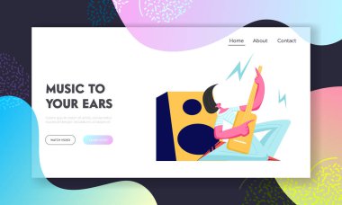 Rock Sanatçıları Karakter Singing ve Konser Music Hall Sahne Dizleri Üzerinde Duran Elektro Gitar Çalma. Gitarist, Singer Web Sitesi Açılış Sayfası, Web Sayfası. Karikatür Düz Vektör İllüstrasyon, Afiş