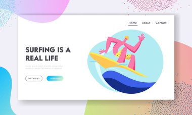 Sörf Spor, Rekreasyon. Genç Sörfçü Binicilik Deniz Dalgası Sörf Kurulu. Yaz Etkinliği, Sağlıklı Yaşam Tarzı, Tatil Eğlence Web Sitesi Açılış Sayfası, Web Sayfası. Karikatür Düz Vektör İllüstrasyon, Afiş