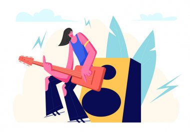 Rock Gitarist Waring Ragged Jeans Sahnede Huge Dynamic yakın Duran Elektrik Gitar Çalarak. Music Hall veya Night Club Gitar Performans Konseri ile Sanatçı. Karikatür Düz Vektör İllüstrasyon