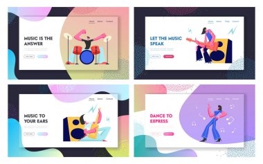 Set Rock Müzik Oyuncular ve Kız Dancer. Müzik Hobi ve Meslek. Gitarist, Davulcu ve Dansçı Sahnede. Yetenekli İnsanlar Web Sitesi Açılış Sayfası, Web Sayfası. Karikatür Düz Vektör İllüstrasyon, Afiş