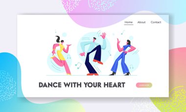 Disko Partisinde Dans Eden Gençler. Erkek ve Kız Birlikte Zaman Geçiriyor Müzik Ritmine Geçiriyorlar, Mutlu Boş Zamanlar ve Boş Zamanlar. Web sitesi İniş Sayfası, Web Sayfası. Çizgi film Düz Vektör İllüstrasyonu, Banner