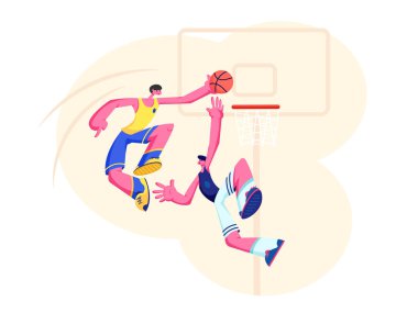 Basketbolcular Iş Başında. Hücum Adamı Basket'e topu koyarak, defans engelliyor. Profesyonel Turnuvada Spor Takımı Sunum. Oyunda Sporcu Gol Golü. Karikatür Düz Vektör İllüstrasyon