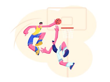Basketball Players in Action. Attack Man Putting Ball into Basket, Defender Preventing. Sport Team Presenting on Professional Tournament. Sportsman Score Goal in Game. Cartoon Flat Vector Illustration clipart