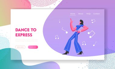 Disko Partisinde Hareketli Kıyafet Giyen Genç Kadın Duygularını İfade Ediyor. Müzik Aşığı Aktif Boş Zaman, Kız Dansı. Web sitesi İniş Sayfası, Web Sayfası. Çizgi film Düz Vektör İllüstrasyonu, Banner