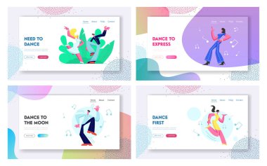 Disco Party'de Dans Eden İnsanlar seti. Genç Erkek ve Kadın Karakterler Dans ve Müzik Hareketli Vücut. Hobi, Leisure Sparetime Web Sitesi Açılış Sayfası, Web Sayfası. Karikatür Düz Vektör İllüstrasyon, Afiş