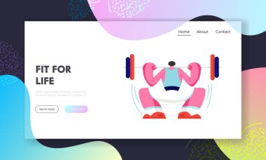 Güçlü Adam Gym Back Back View Ağırlık ile Çömelme. Vücut Geliştirmeci Eğitim Rekabet, Erkek Powerlifting Spor için hazırlayın. Web Sitesi Açılış Sayfası, Web Sayfası. Karikatür Düz Vektör İllüstrasyon, Afiş