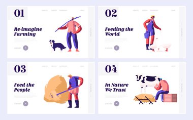 Web Sitesi Açılış Sayfası Seti, Çiftçilerin Günlük Rutin Web Sayfası Şablonları. Köpekli Çoban, Çiftçi Tırmık Saman, Kuşları Besleyen Kadınlar ve Sağım İnek. Karikatür Düz Vektör İllüstrasyon, Afiş