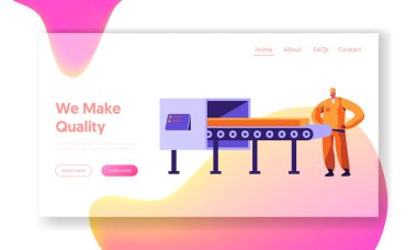 Metalurji İşçisi Konveyör, Kalite Kontrol üzerinde Çelik İş parçası nı izliyor. Ağır Sanayi, Metaller ve Alaşım Üretim Şirketi Web Sitesi Açılış Sayfası, Web Sayfası. Karikatür Düz Vektör İllüstrasyon, Afiş