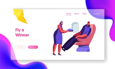 Kadın Uçuş Görevlisi Uçak Koltuğunda Oturan Adama Yemek Ver. Yolcu yada uçuş gemisi mürettebatı. Web Sitesi Açılış Sayfası, Web Sayfası. Havayolu Şirket Servisi Karikatür Düz Vektör İllüstrasyon, Banner
