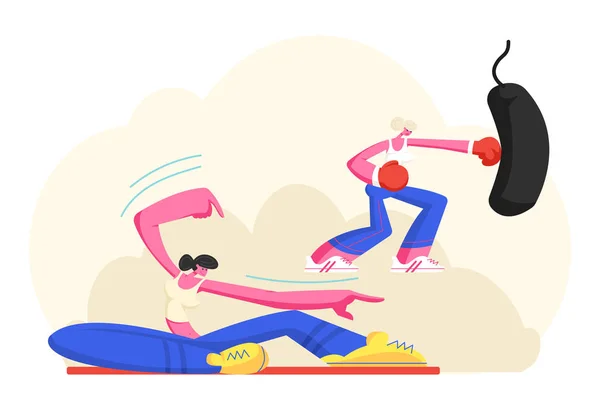 Unga flickor i sportkläder utbildning i gym, kvinnliga karaktärer Stretching Body på pilates klass och boxningssäck. Sport, Fitness, Sportswomen Friska livsstil. Tecknad platta vektor Illustration — Stock vektor