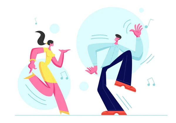 Young Couple Man and Woman Dancing Together. People in Festive Clothing Sparetime, Active Lifestyle, Lovers or Friends Spend Time on Disco Party, Dance Hobby Leisure. Cartoon Flat Vector Illustration — 스톡 벡터