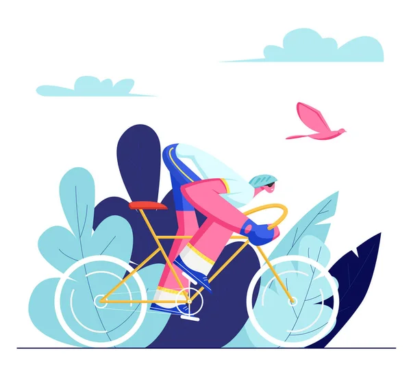 Cyclist Sportsman in Sports Wear and Helmet Riding Bike Outdoors in Summer Day (dalam bahasa Inggris). Sepeda Man Active Sport Life dan Sehat Lifestyle, Sepeda Rider dalam Race Competition. Ilustrasi Vektor Flat Kartun - Stok Vektor