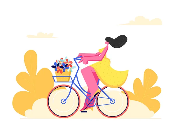 Młoda kobieta Postać Jazda na rowerze z kwiatami w przednim koszu na tle parku. Aktywna dziewczyna ciesząca się jazdą na rowerze na świeżym powietrzu. Zdrowy styl życia, ekologiczny transport. Ilustracja wektora płaskiego kreskówki — Wektor stockowy