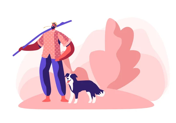 Young Barefoot Man in Chaff Hat Stand with Long Stick on Shoulder and Straw in Mouth with Dog near his Leg. Shepherd Male Character. Villager, Farmer Walking Outdoors. Cartoon Flat Vector Illustration — 스톡 벡터