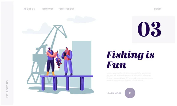 Fisherman Demonstrating Fish Haul to Customer on Pier. Buyer Watching Fishery Catch in Dock Writing Notes. Fishery Industry Website Landing Page, Web Page. Cartoon Flat Vector Illustration, Banner — Stock Vector