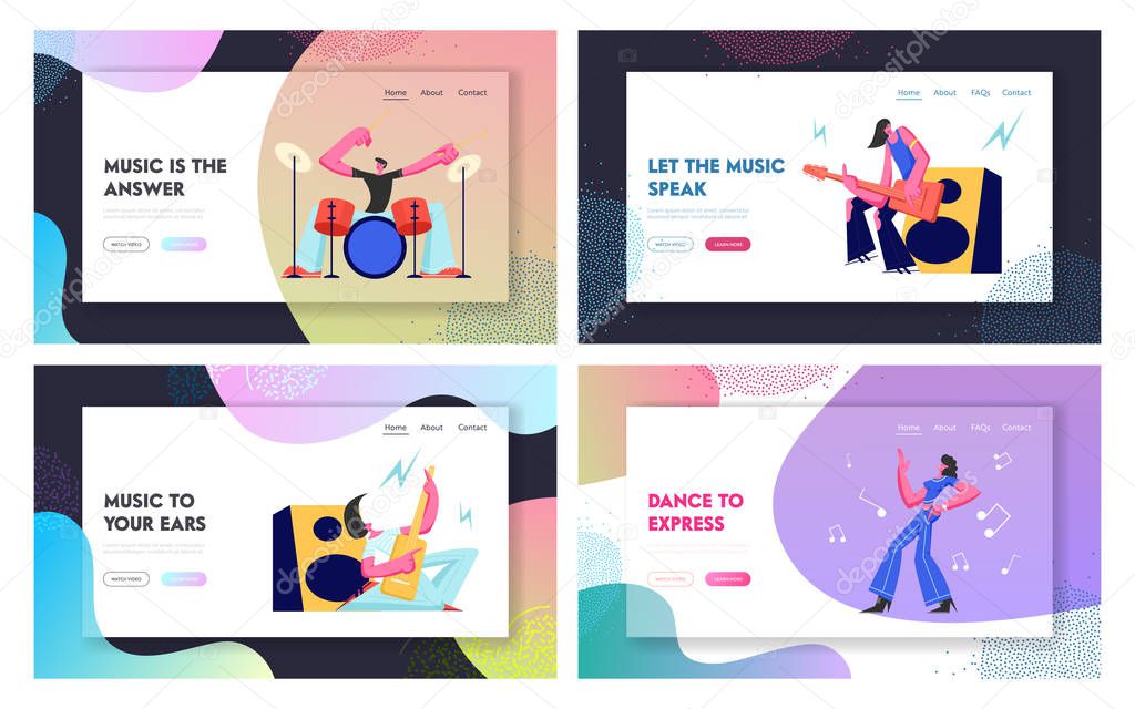 Set Rock Music Players and Girl Dancer. Musical Hobby and Occupation. Guitarist, Drummer and Dancer on Stage. Talented People Website Landing Page, Web Page. Cartoon Flat Vector Illustration, Banner