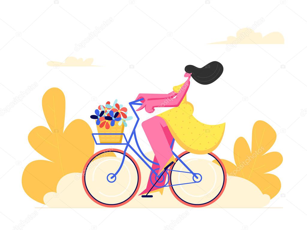 Young Woman Character Riding Bicycle with Flowers in Front Basket on Park Background. Active Girl Enjoying Bike Ride Open Air. Healthy Lifestyle, Eco Transportation. Cartoon Flat Vector Illustration