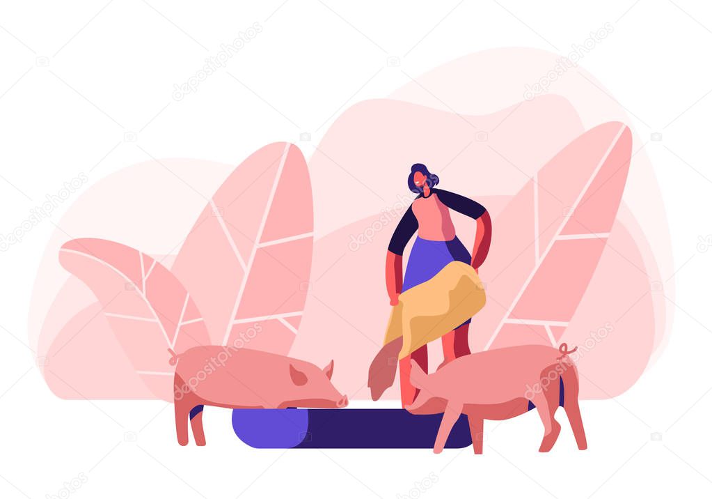 Young Woman Feeding Pigs Putting Grain in Trough. Female Farmer Character at Work Process Caring of Domestic Animals at Farm. Agriculture, Rancher Summer Time Activity Cartoon Flat Vector Illustration