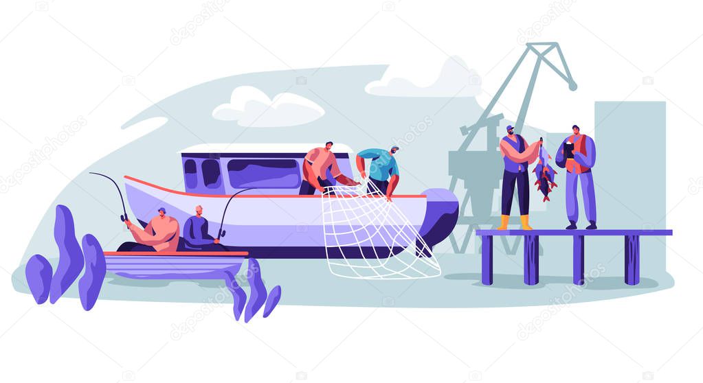 Fisherman Working on Fishery Industry on Large Boat Ship. Fishermen Catching Fish, Pulling Fishing Net from Sea, Giving Catch Haul to Customer, Fishing Industry. Cartoon Flat Vector Illustration