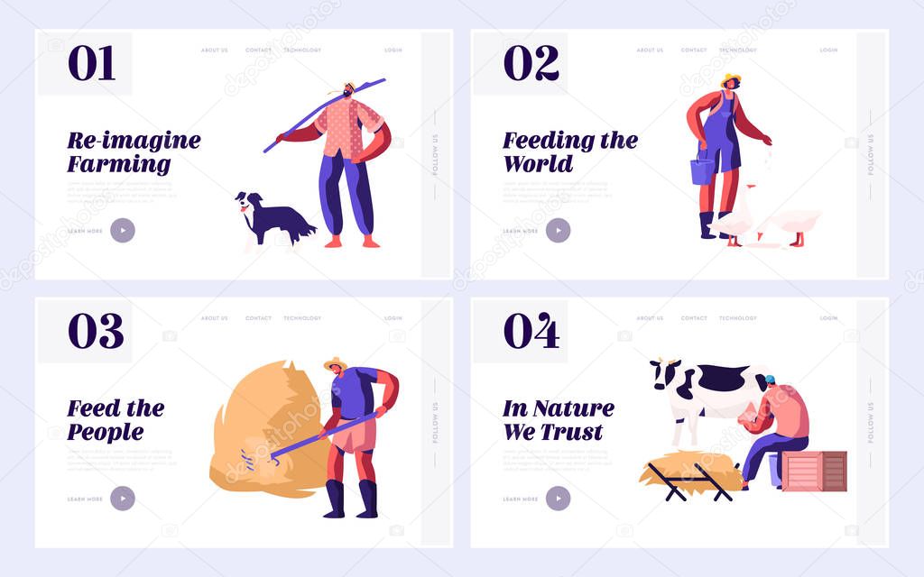 Set of Website Landing Page, Web Page Templates of Farmers Everyday Routine. Man Shepherd with Dog, Farmer Raking Hay, Women Feeding Birds and Milking Cow. Cartoon Flat Vector Illustration, Banner