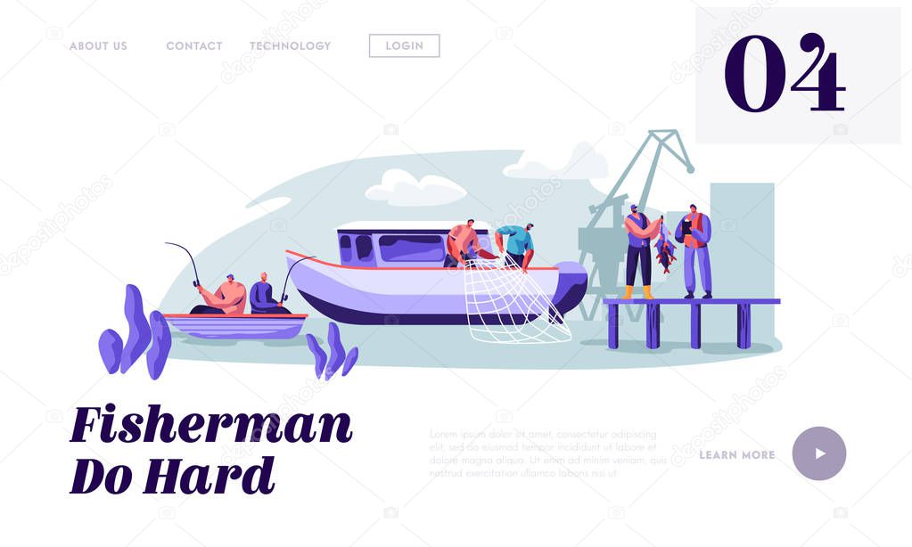 Fishermen Working on Large Boat Ship Catching Fish, Pulling Fishing Net from Sea, Giving Catch to Customer, Fishing Industry. Website Landing Page, Web Page. Cartoon Flat Vector Illustration, Banner