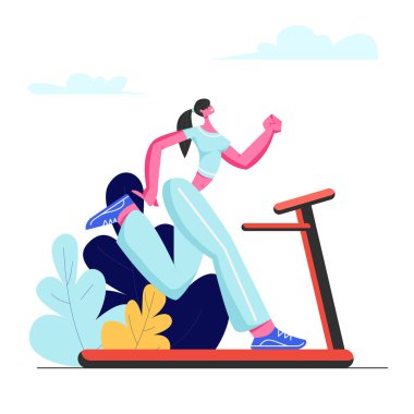 Koşu bandında Koşan Güzel Kadın. Spor Giyim 'de Atletik Genç Kız Slim olmak için Koşu bandında egzersiz yapıyor. Açık hava fitness ve sağlıklı yaşam tarzı. Aktif Spor Hayatı Çizgi Filmi Düz Vektör İllüstrasyonu