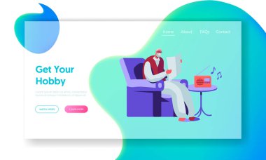 Koltukta Kıdemli Adam Okuma Gazetesi ve Radyoda Müzik Dinleme. Huzurevinde Yaşlı Erkek Karakter Hobi ve Eğlence. Web Sitesi Açılış Sayfası, Web Sayfası. Karikatür Düz Vektör İllüstrasyon, Afiş