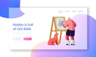 Kıdemli Adam Easel çizim. Tuval Üzerine Yaşlı Erkek Ressam Boyama, Yaşlı Erkek Karakter Yaratıcı Meslek ve Sanatçı Hobi Web Sitesi Açılış Sayfası, Web Sayfası. Karikatür Düz Vektör İllüstrasyon, Afiş
