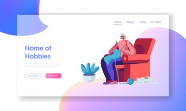 Mutlu Kıdemli Kadın Örgü Uyuyan Kedi ile Koltukta Oturan. Huzurevinde Yaşlı Kadın Karakter Hobi ve Boş Zaman. Web Sitesi Açılış Sayfası, Web Sayfası. Karikatür Düz Vektör İllüstrasyon, Afiş